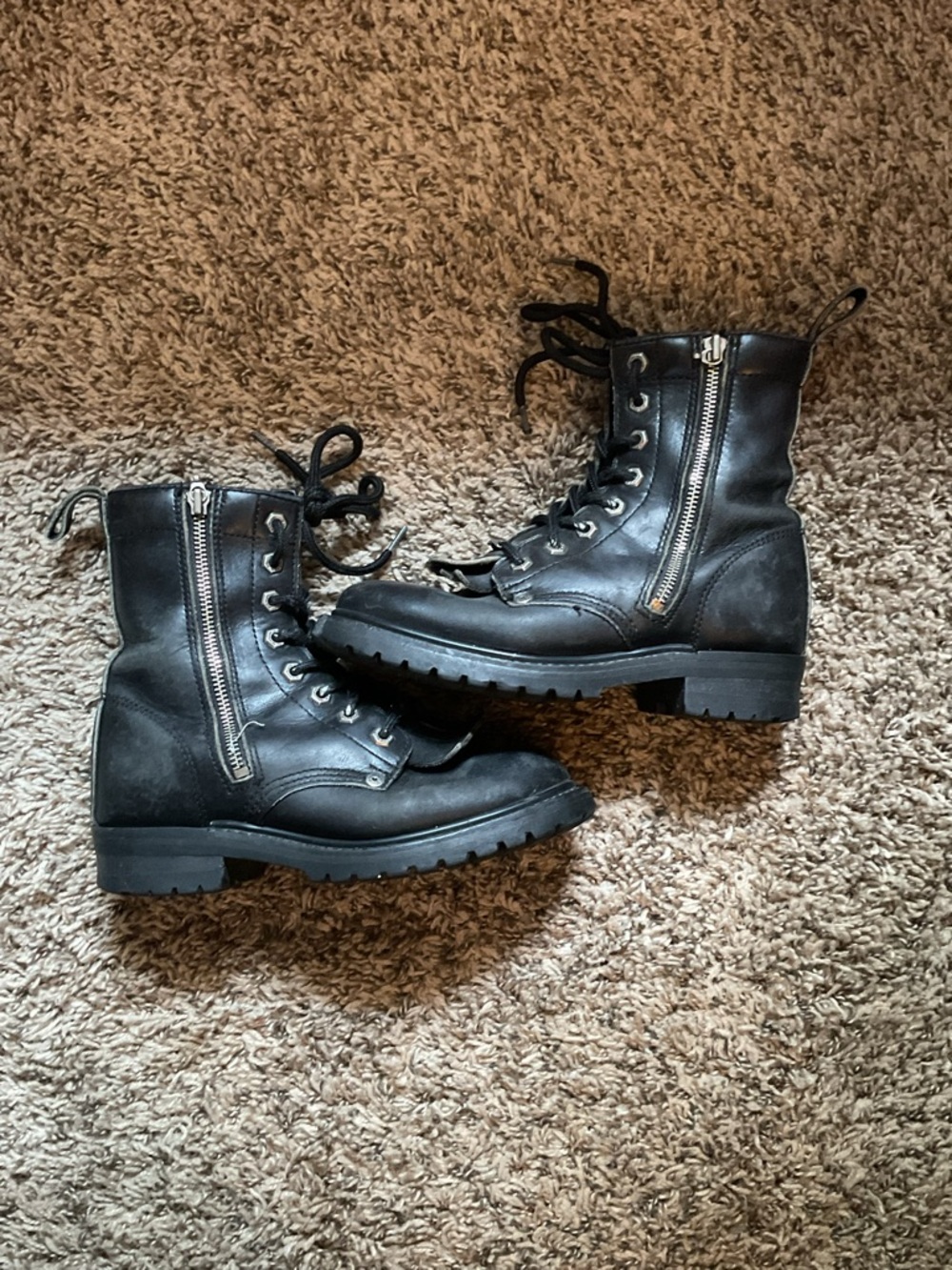 Harley-Davidson Black Leather Lace-Up Combat Boots with Side Zipper